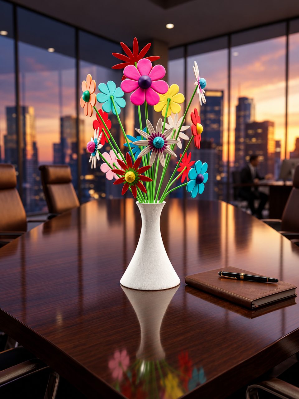 Statement Bouquet mit Riesenblüten in leuchtenden Farben in einer weißen Vase auf einem Konferenztisch, mit Blick auf die Skyline bei Sonnenuntergang